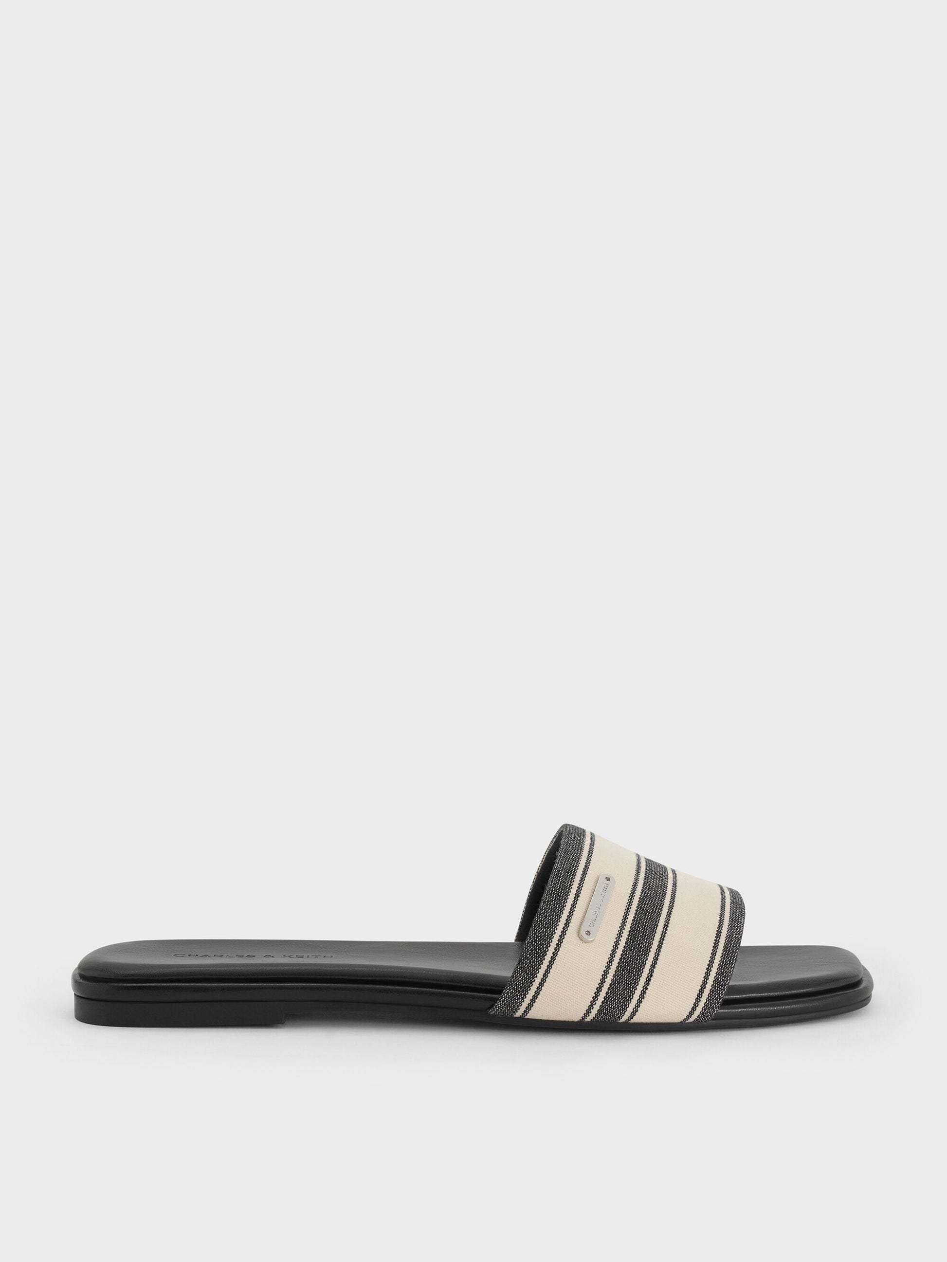 Striped Square-Toe Slide Sandals - Black Textured | CHARLES & KEITH
