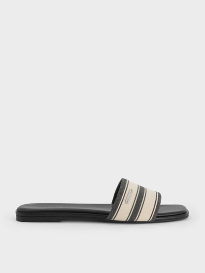 Striped Square-Toe Slide Sandals - Black Textured | CHARLES & KEITH
