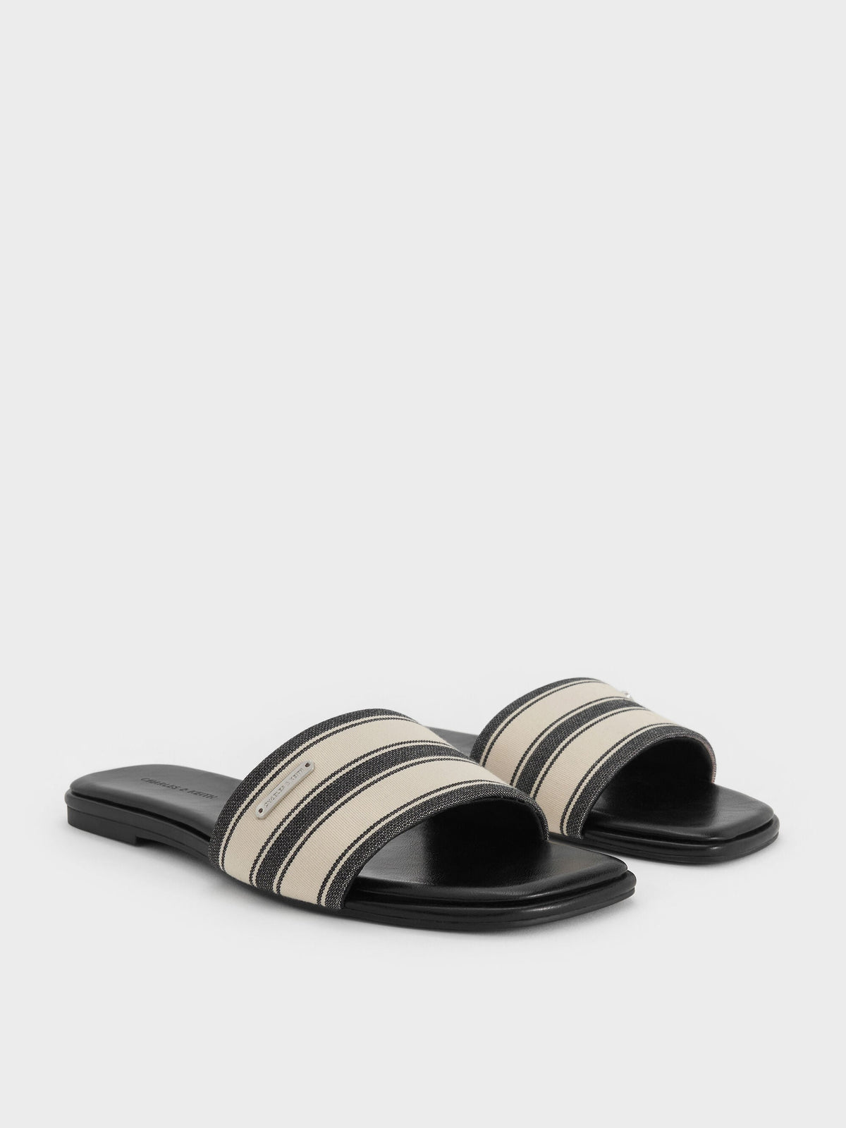 Striped Square-Toe Slide Sandals - Black Textured | CHARLES & KEITH