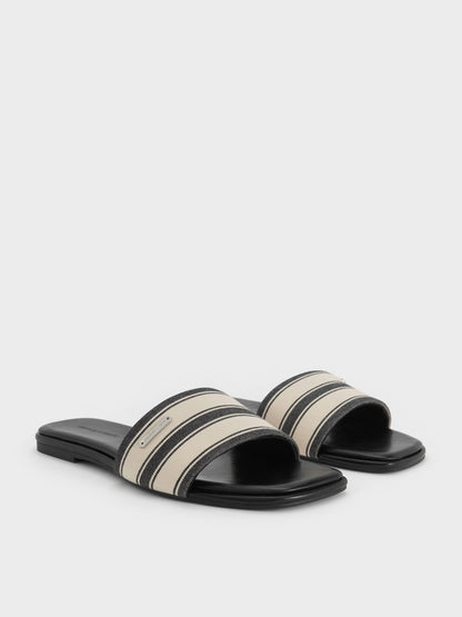 Striped Square-Toe Slide Sandals - Black Textured | CHARLES & KEITH
