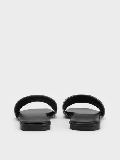 Striped Square-Toe Slide Sandals - Black Textured | CHARLES & KEITH
