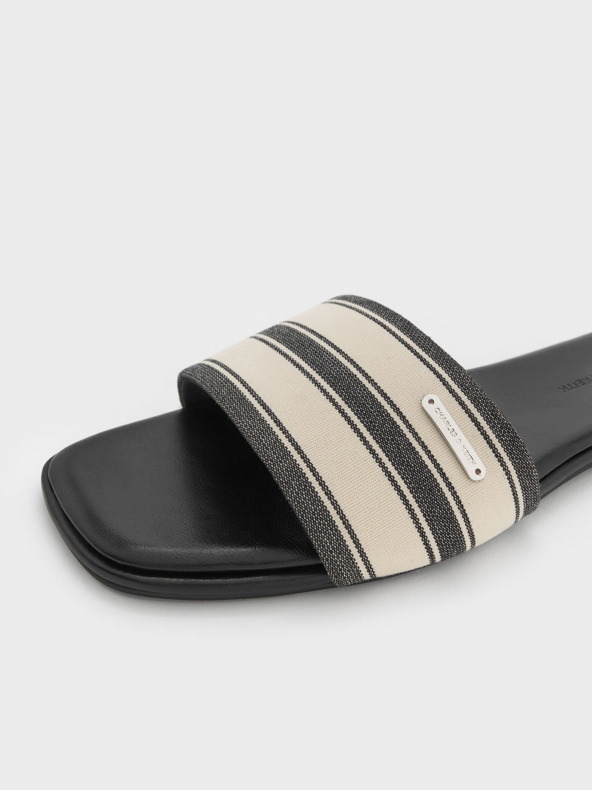 Striped Square-Toe Slide Sandals - Black Textured | CHARLES & KEITH