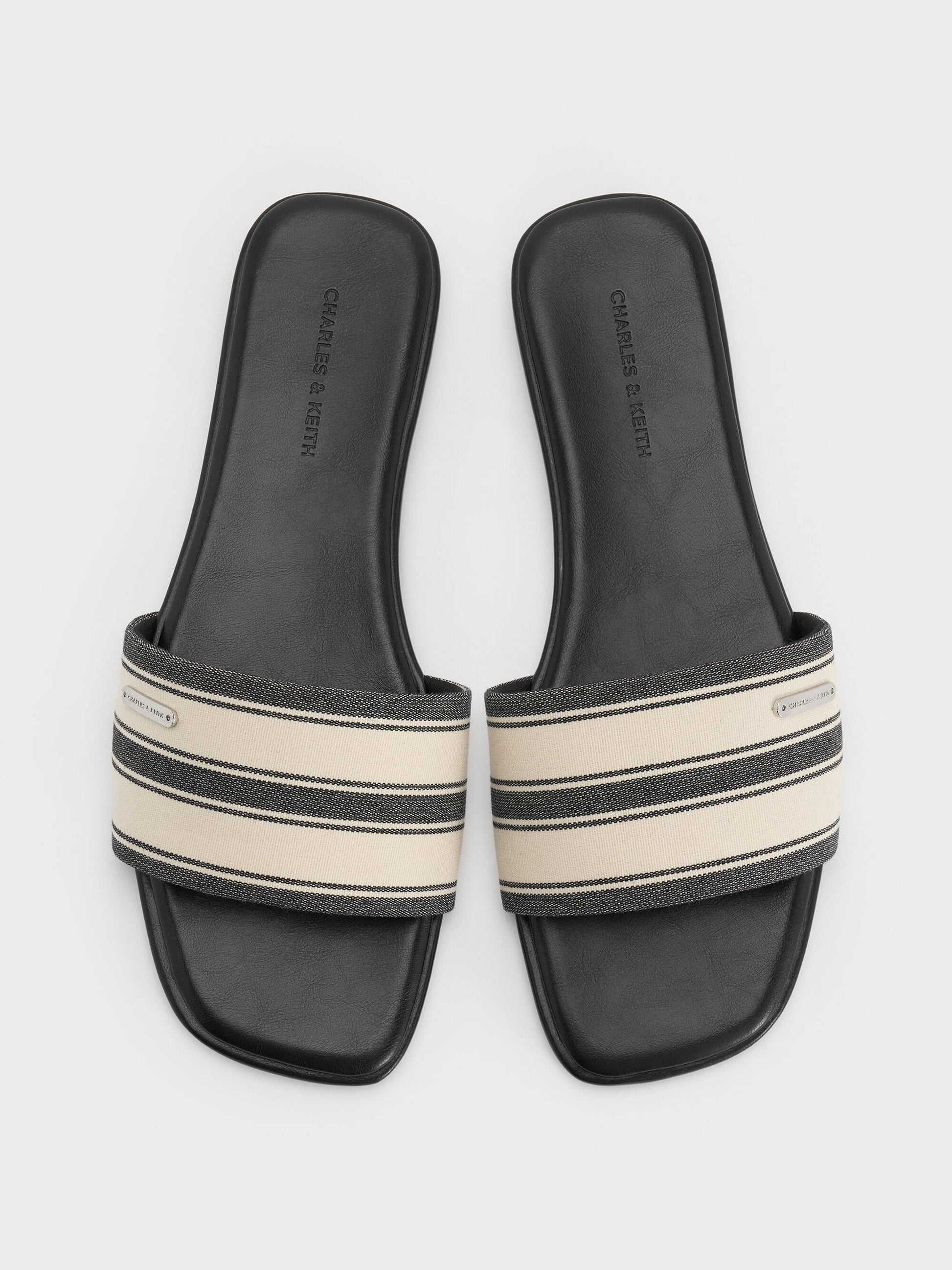 Striped Square-Toe Slide Sandals - Black Textured | CHARLES & KEITH