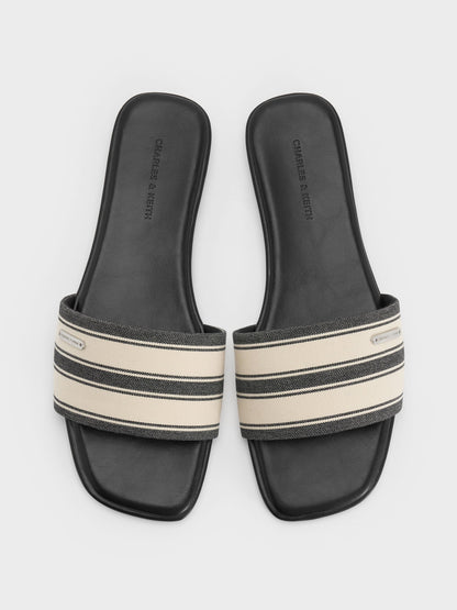Striped Square-Toe Slide Sandals - Black Textured | CHARLES & KEITH