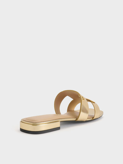 Petina Metallic Leather Slide Sandals - Gold | CHARLES & KEITH