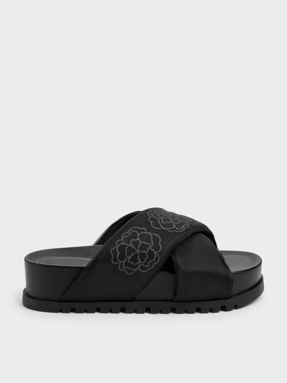 Satin Embroidered-Flower Crossover Sandals - Black Textured | CHARLES & KEITH