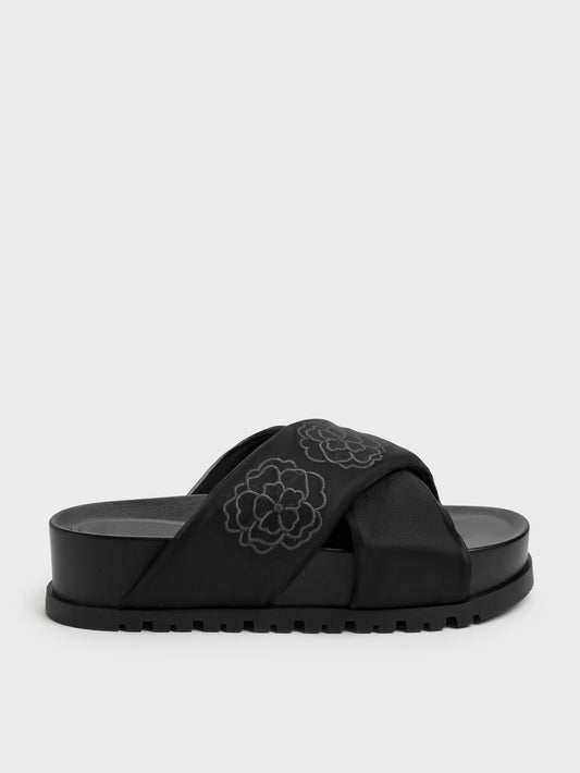 Satin Embroidered-Flower Crossover Sandals - Black Textured | CHARLES & KEITH