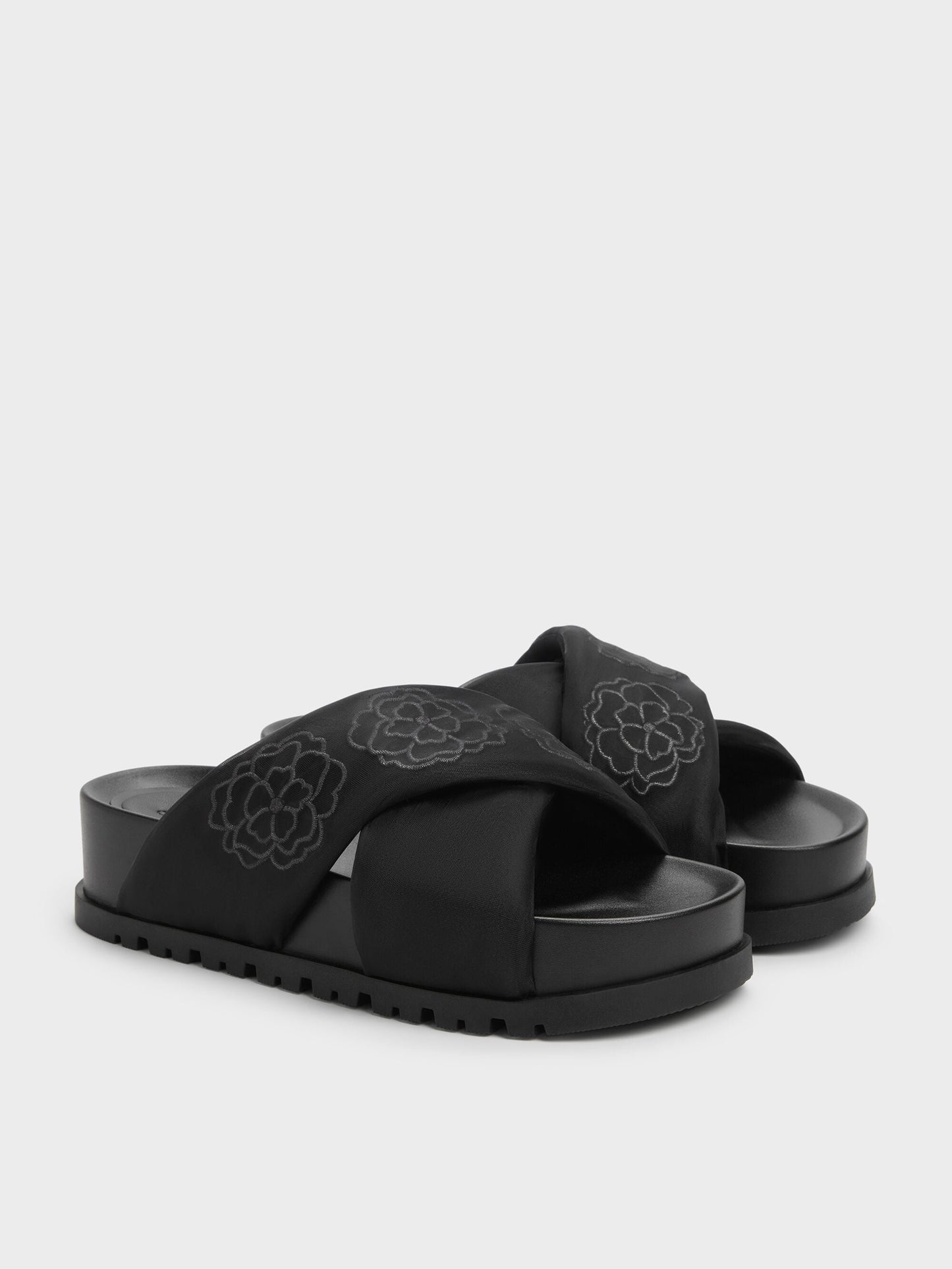 Satin Embroidered-Flower Crossover Sandals - Black Textured | CHARLES & KEITH
