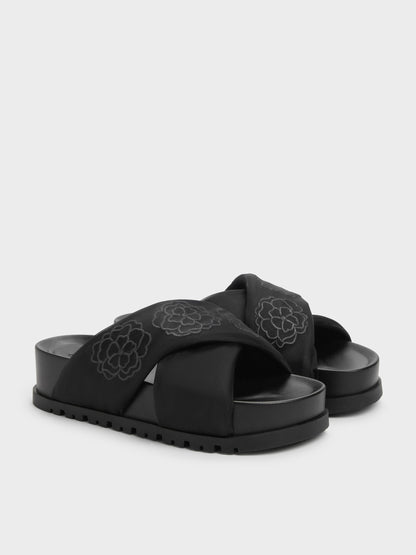 Satin Embroidered-Flower Crossover Sandals - Black Textured | CHARLES & KEITH