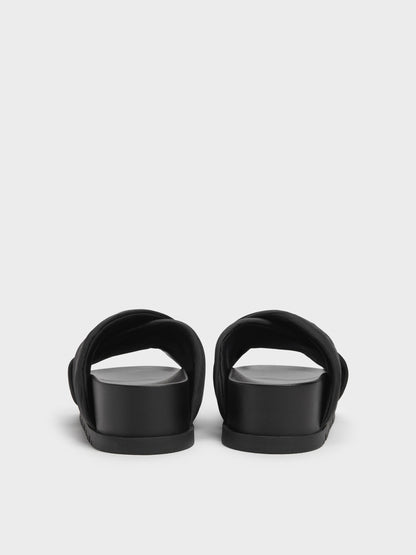 Satin Embroidered-Flower Crossover Sandals - Black Textured | CHARLES & KEITH