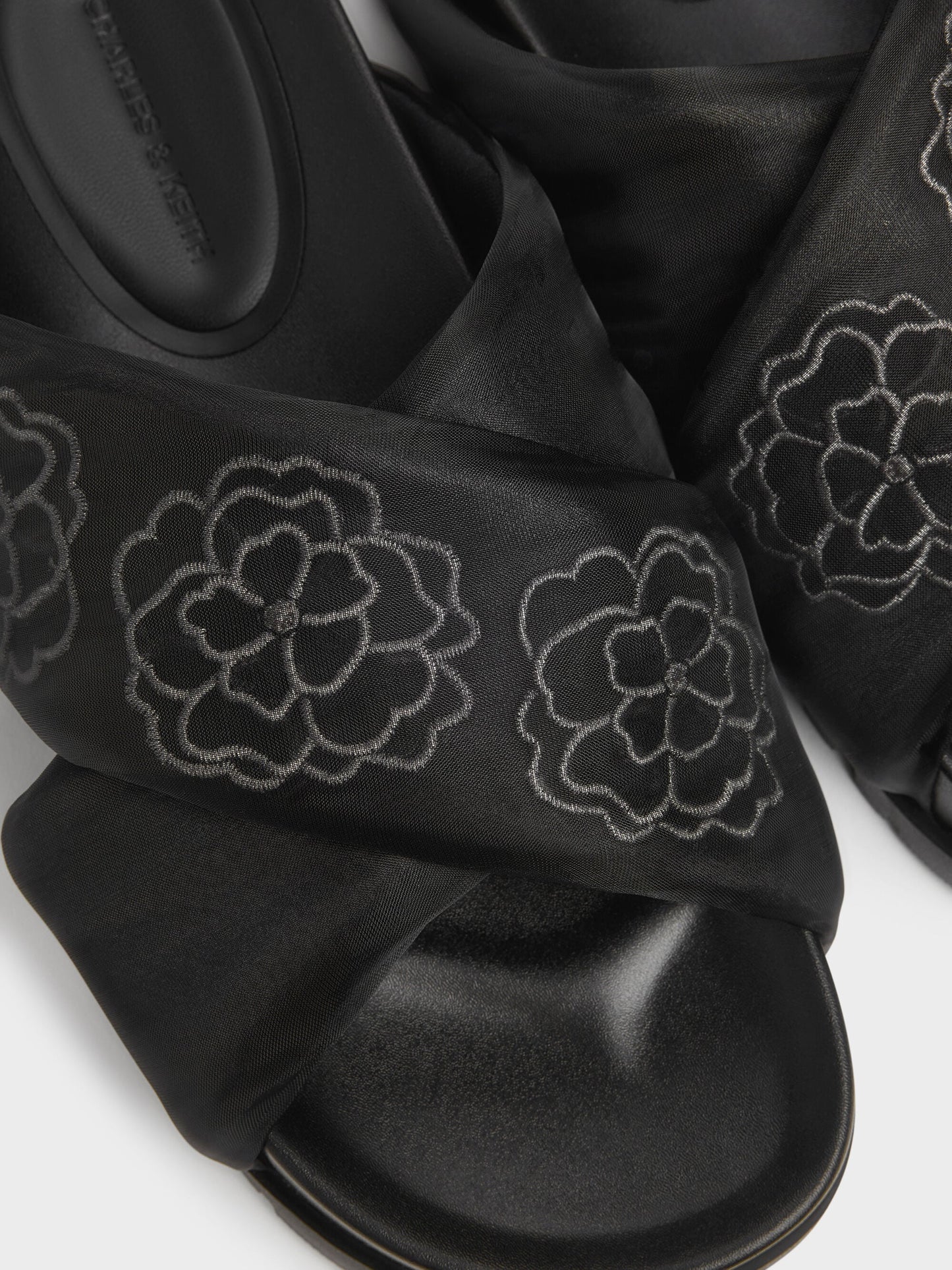 Satin Embroidered-Flower Crossover Sandals - Black Textured | CHARLES & KEITH