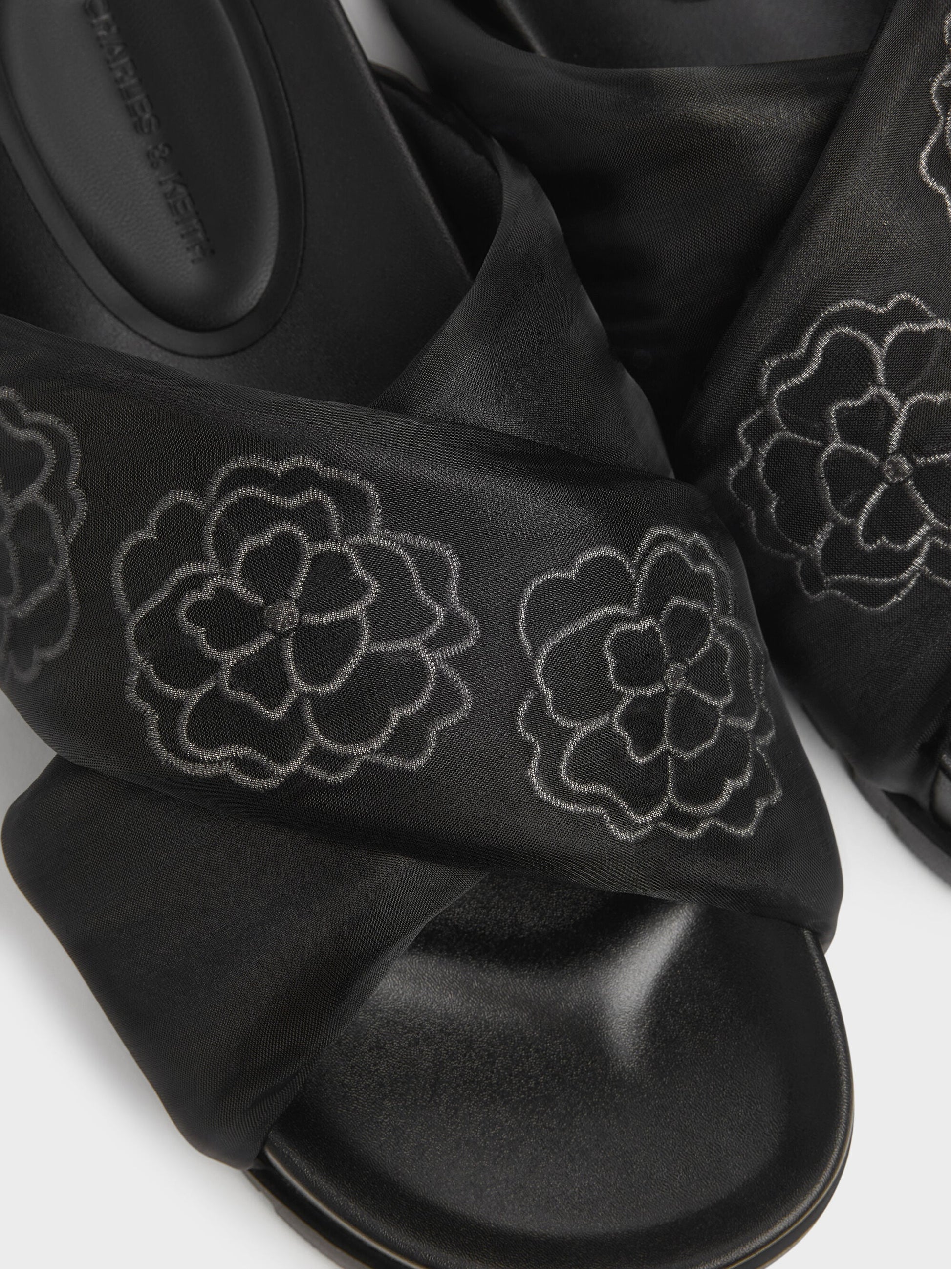 Satin Embroidered-Flower Crossover Sandals - Black Textured | CHARLES & KEITH