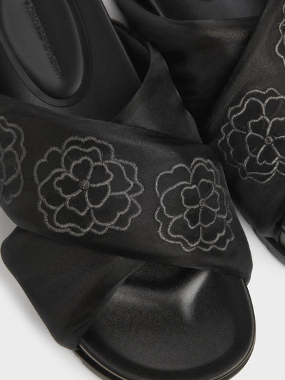 Satin Embroidered-Flower Crossover Sandals - Black Textured | CHARLES & KEITH