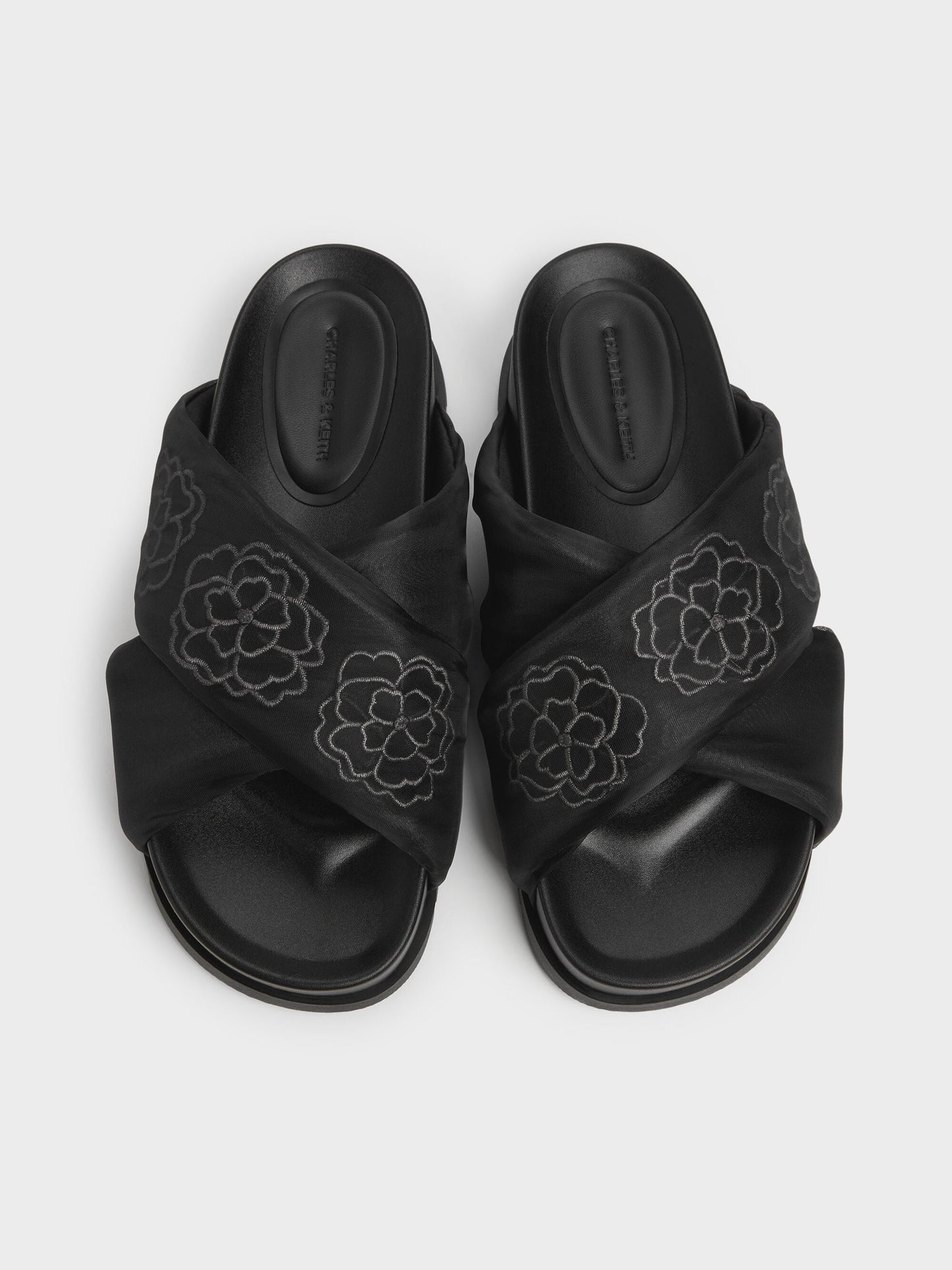 Satin Embroidered-Flower Crossover Sandals - Black Textured | CHARLES & KEITH