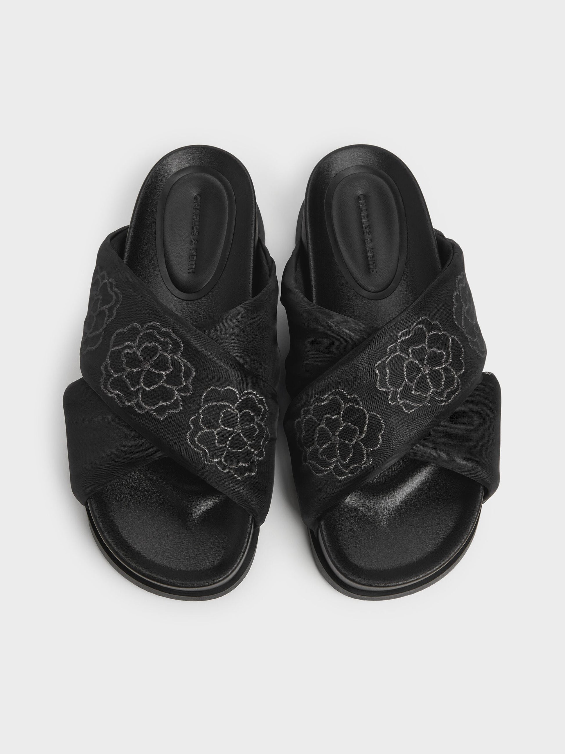 Satin Embroidered-Flower Crossover Sandals - Black Textured | CHARLES & KEITH