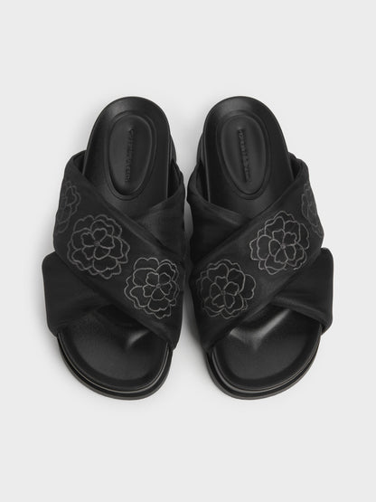 Satin Embroidered-Flower Crossover Sandals - Black Textured | CHARLES & KEITH