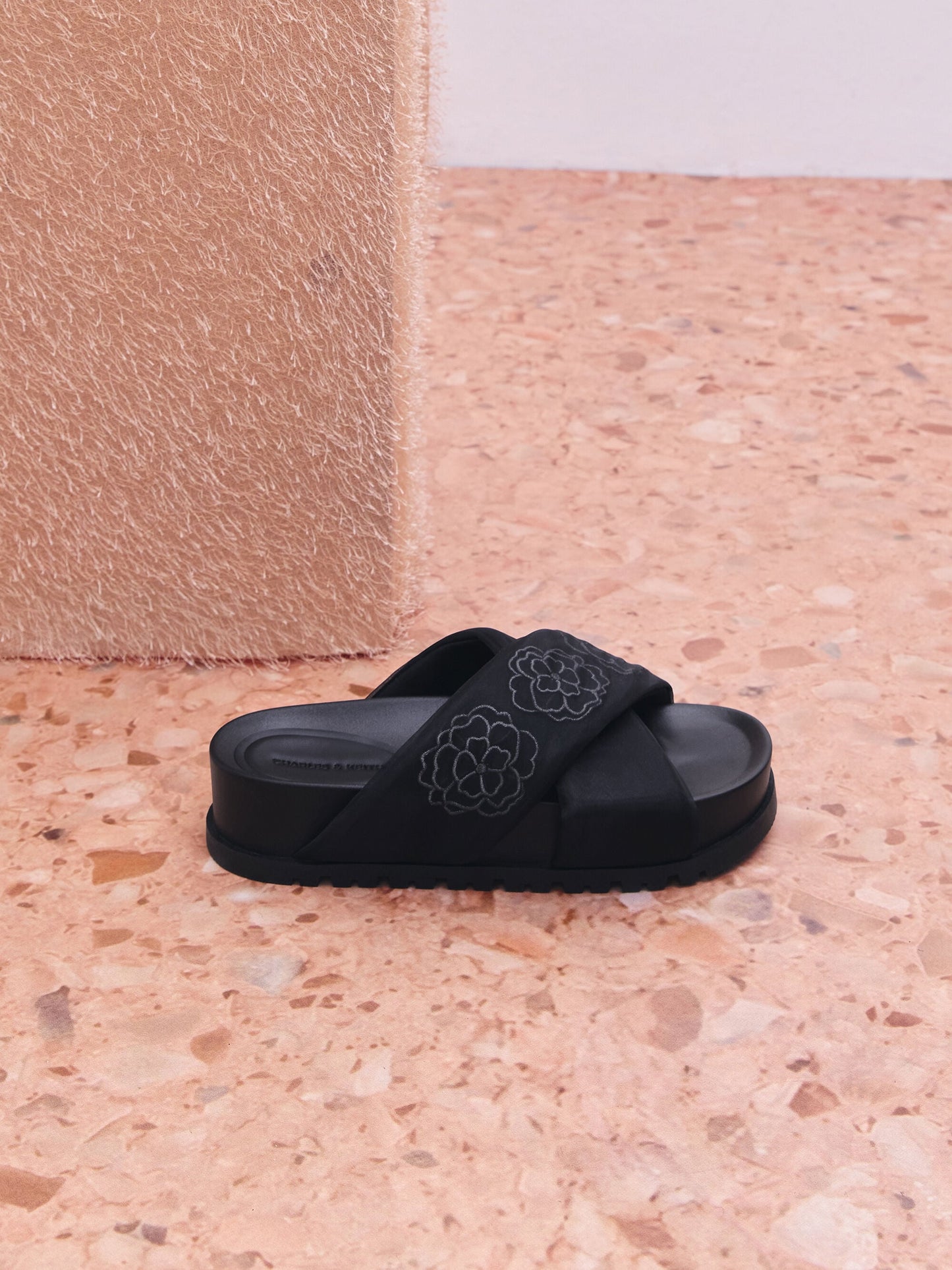 Satin Embroidered-Flower Crossover Sandals - Black Textured | CHARLES & KEITH