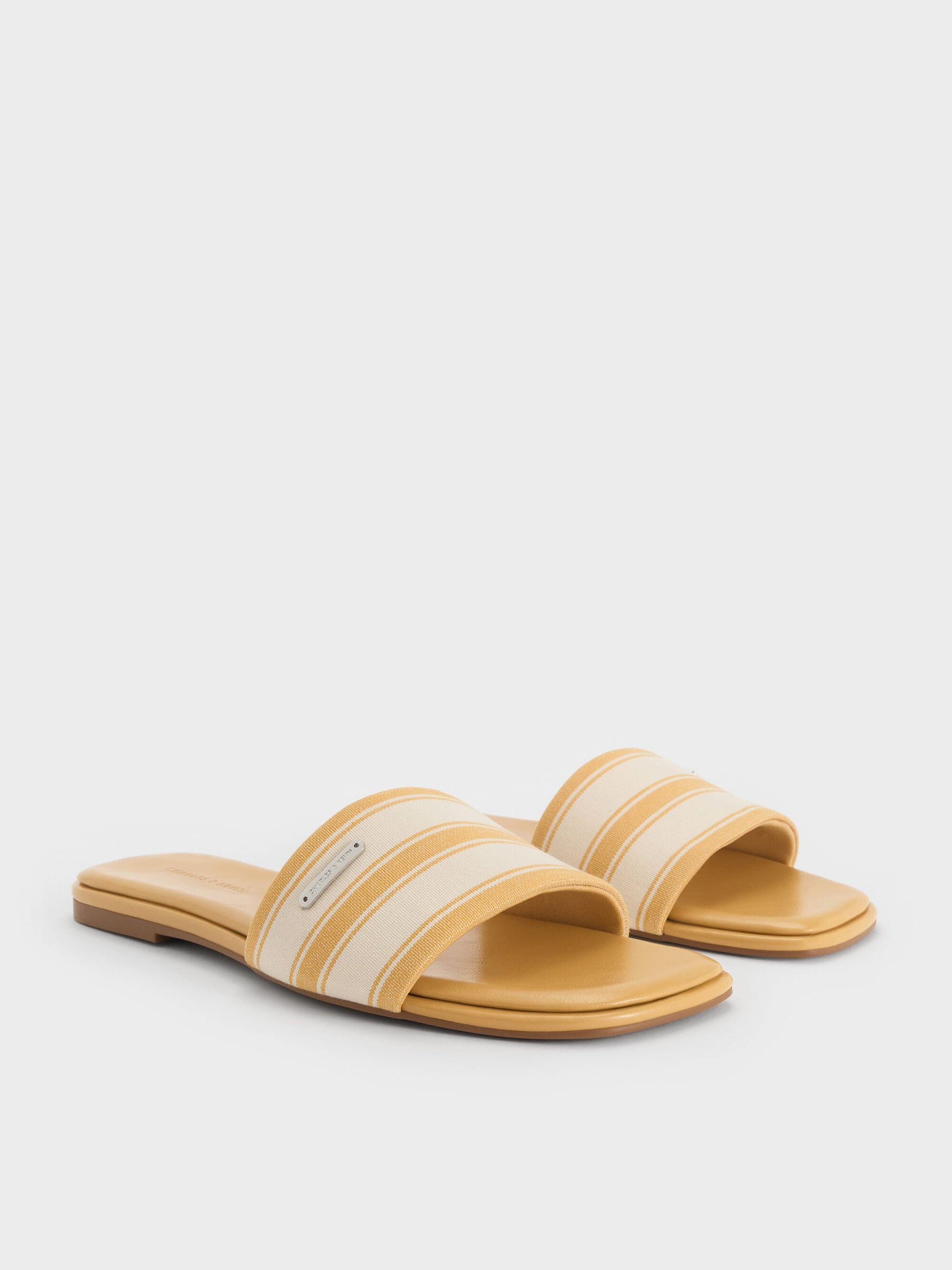 Striped Square-Toe Slide Sandals - Yellow | CHARLES & KEITH