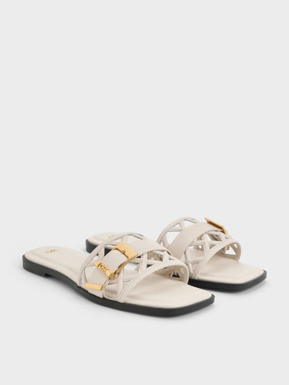 Whitney Leather Cut-Out Slide Sandals - Chalk | CHARLES & KEITH