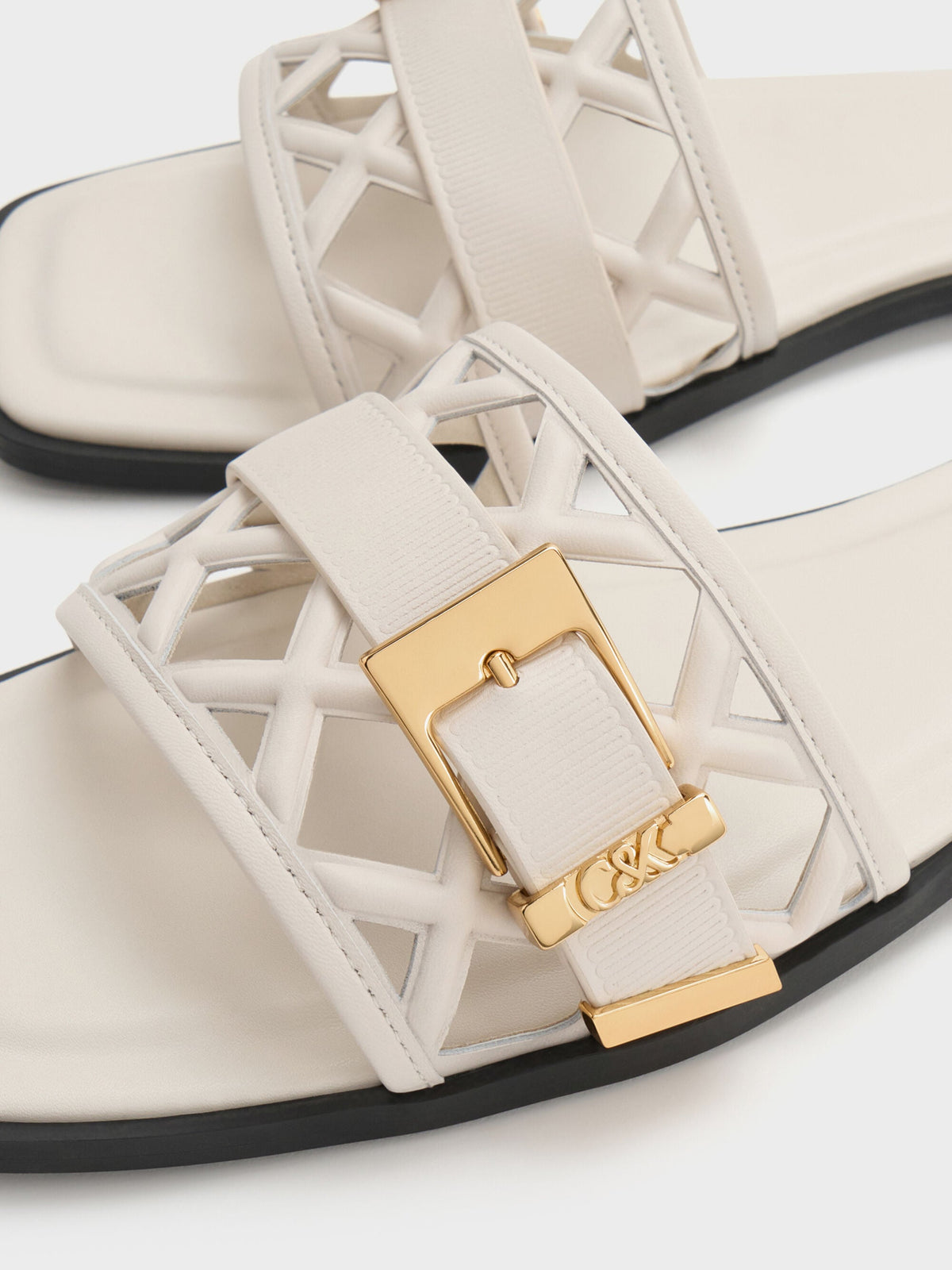 Whitney Leather Cut-Out Slide Sandals - Chalk | CHARLES & KEITH