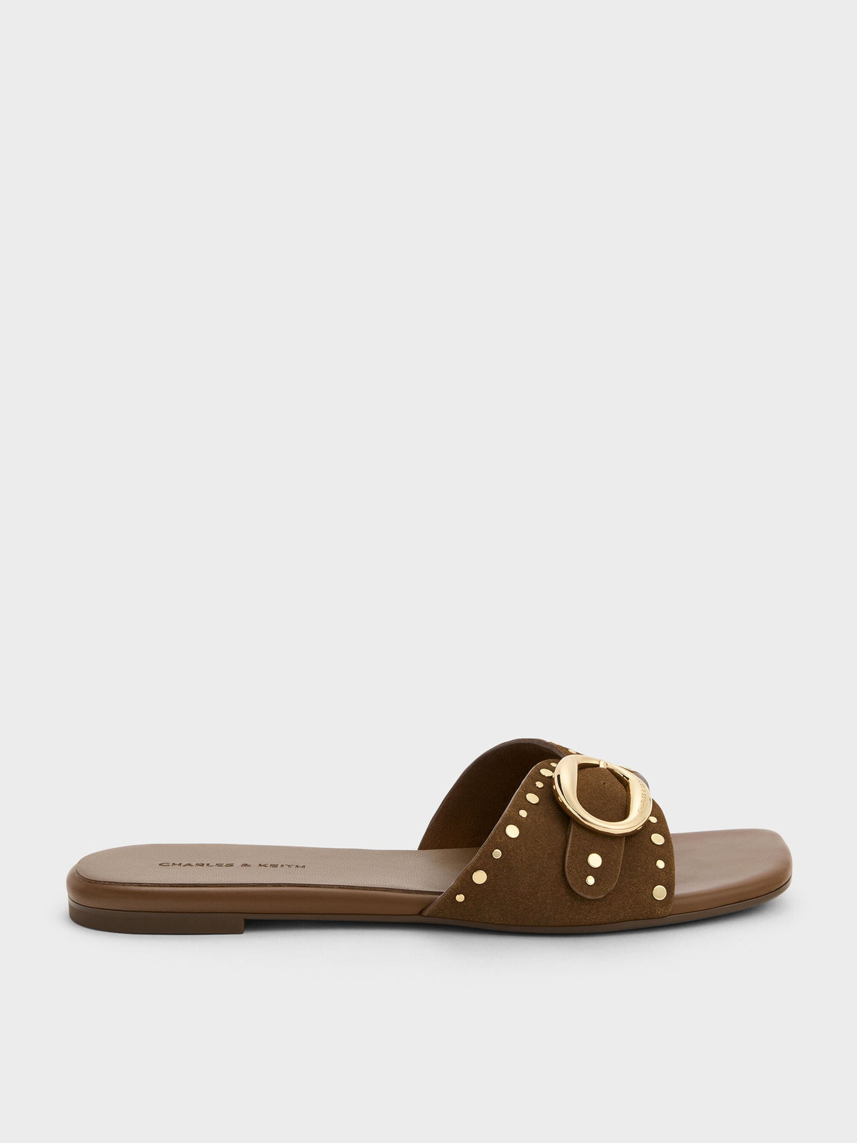 Studded Buckled Slide Sandals - Brown | CHARLES & KEITH