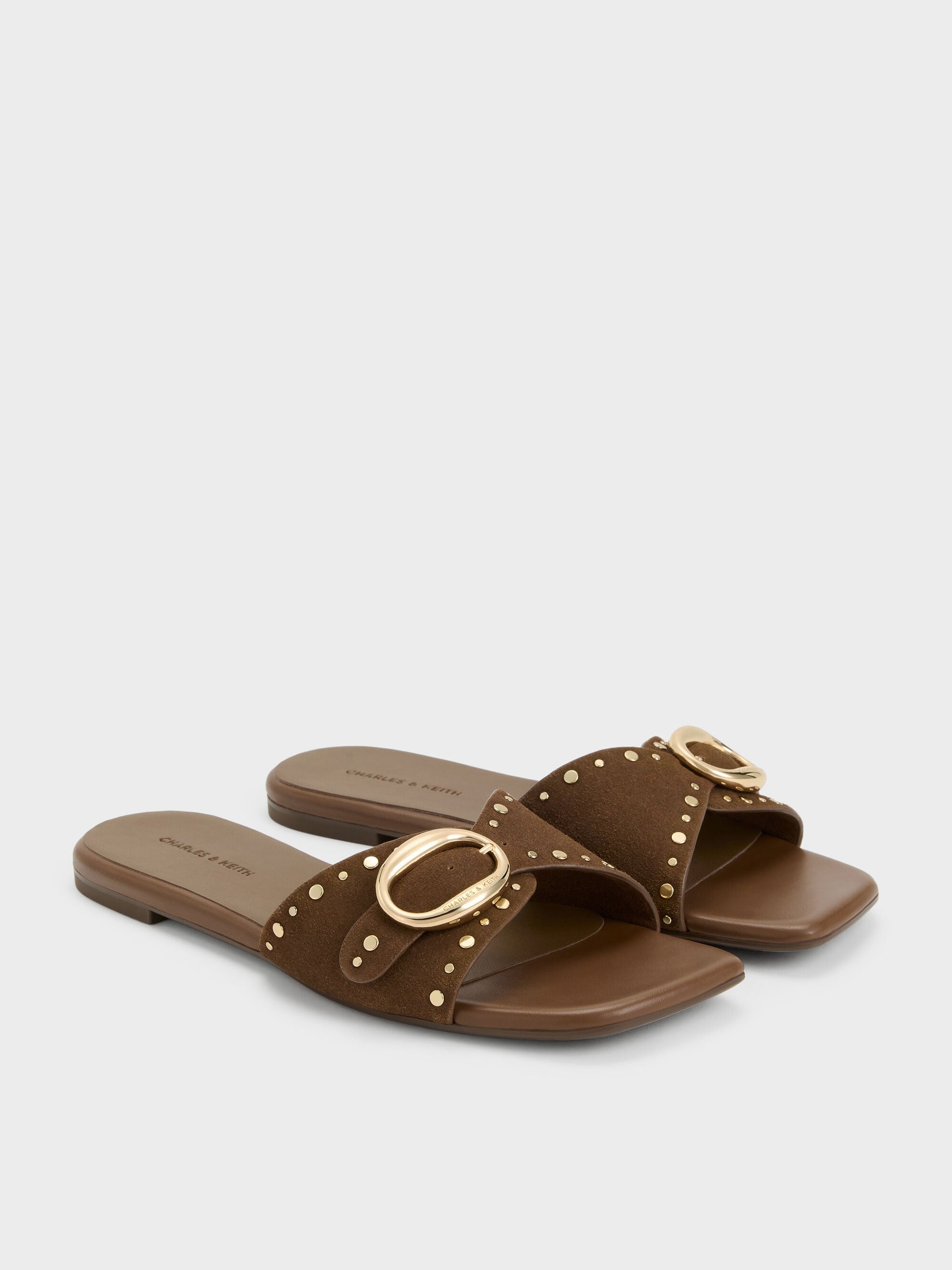 Studded Buckled Slide Sandals - Brown | CHARLES & KEITH