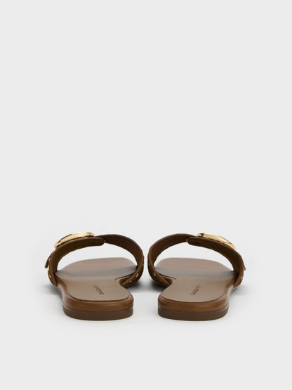 Studded Buckled Slide Sandals - Brown | CHARLES & KEITH