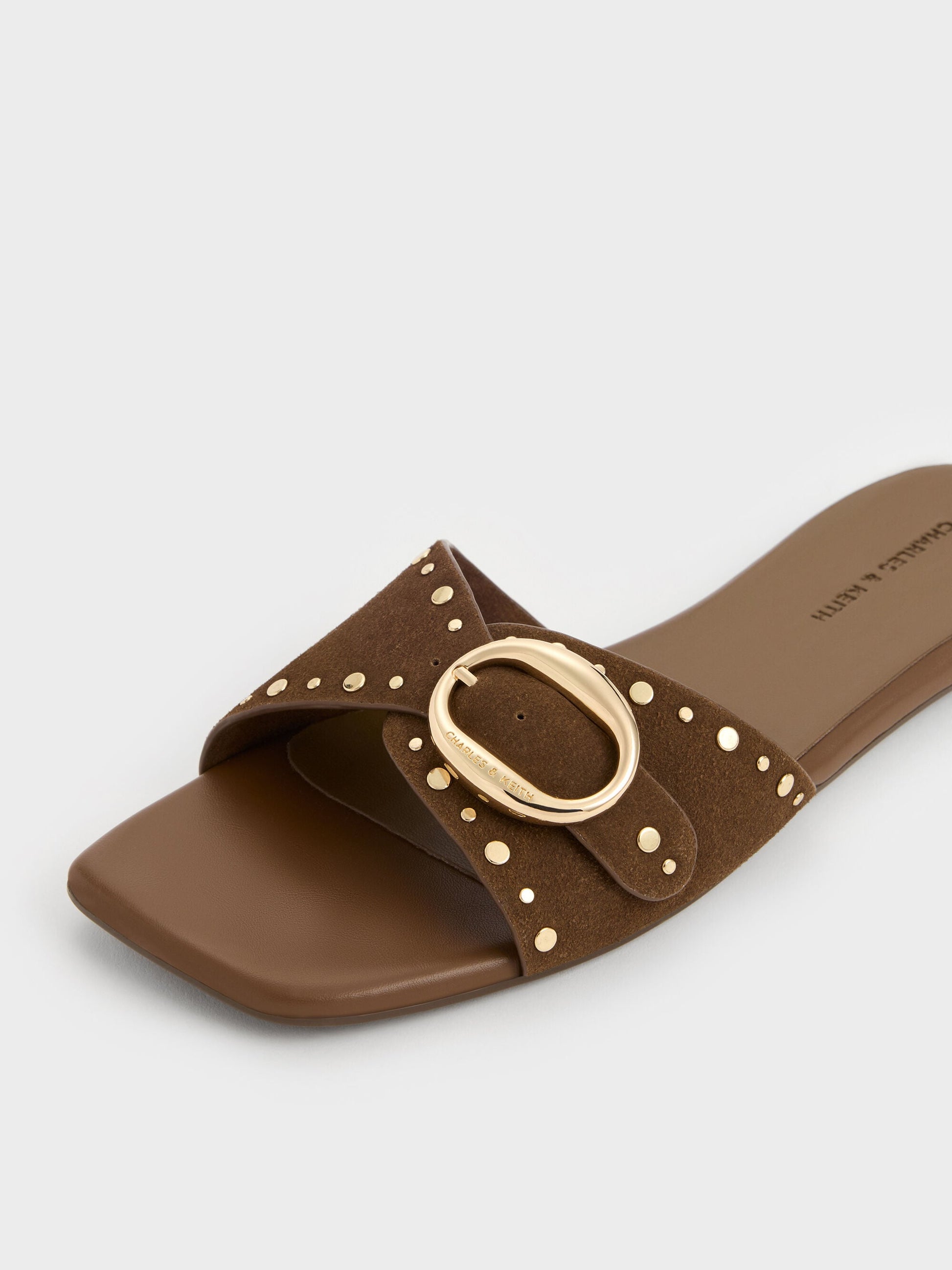 Studded Buckled Slide Sandals - Brown | CHARLES & KEITH