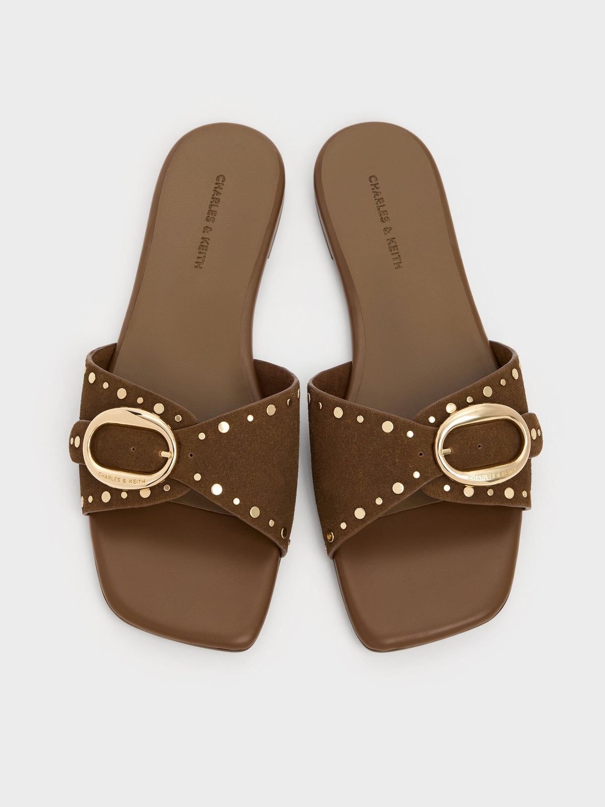 Studded Buckled Slide Sandals - Brown | CHARLES & KEITH