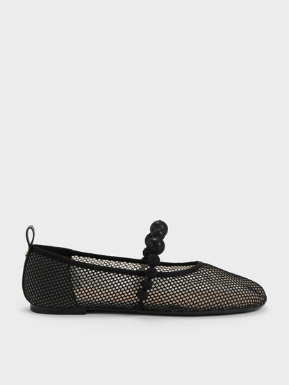 Leather Mesh Beaded Mary Jane Flats - Black Textured | CHARLES & KEITH