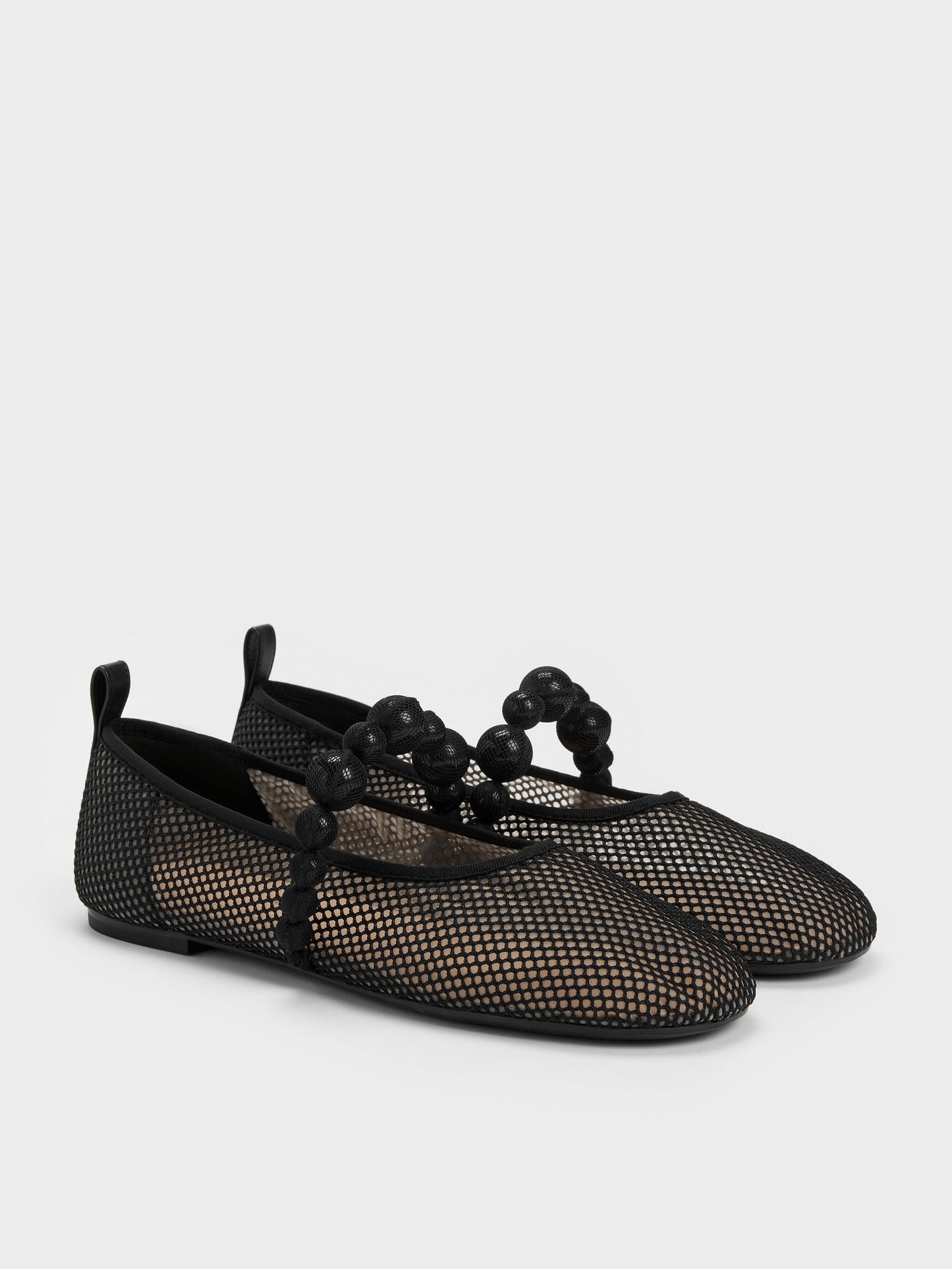 Leather Mesh Beaded Mary Jane Flats - Black Textured | CHARLES & KEITH