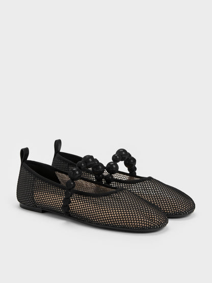 Leather Mesh Beaded Mary Jane Flats - Black Textured | CHARLES & KEITH