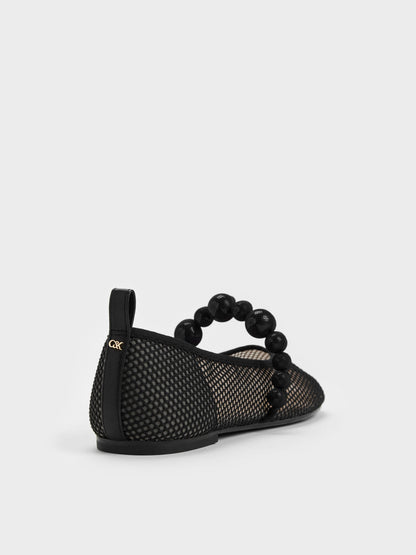 Leather Mesh Beaded Mary Jane Flats - Black Textured | CHARLES & KEITH