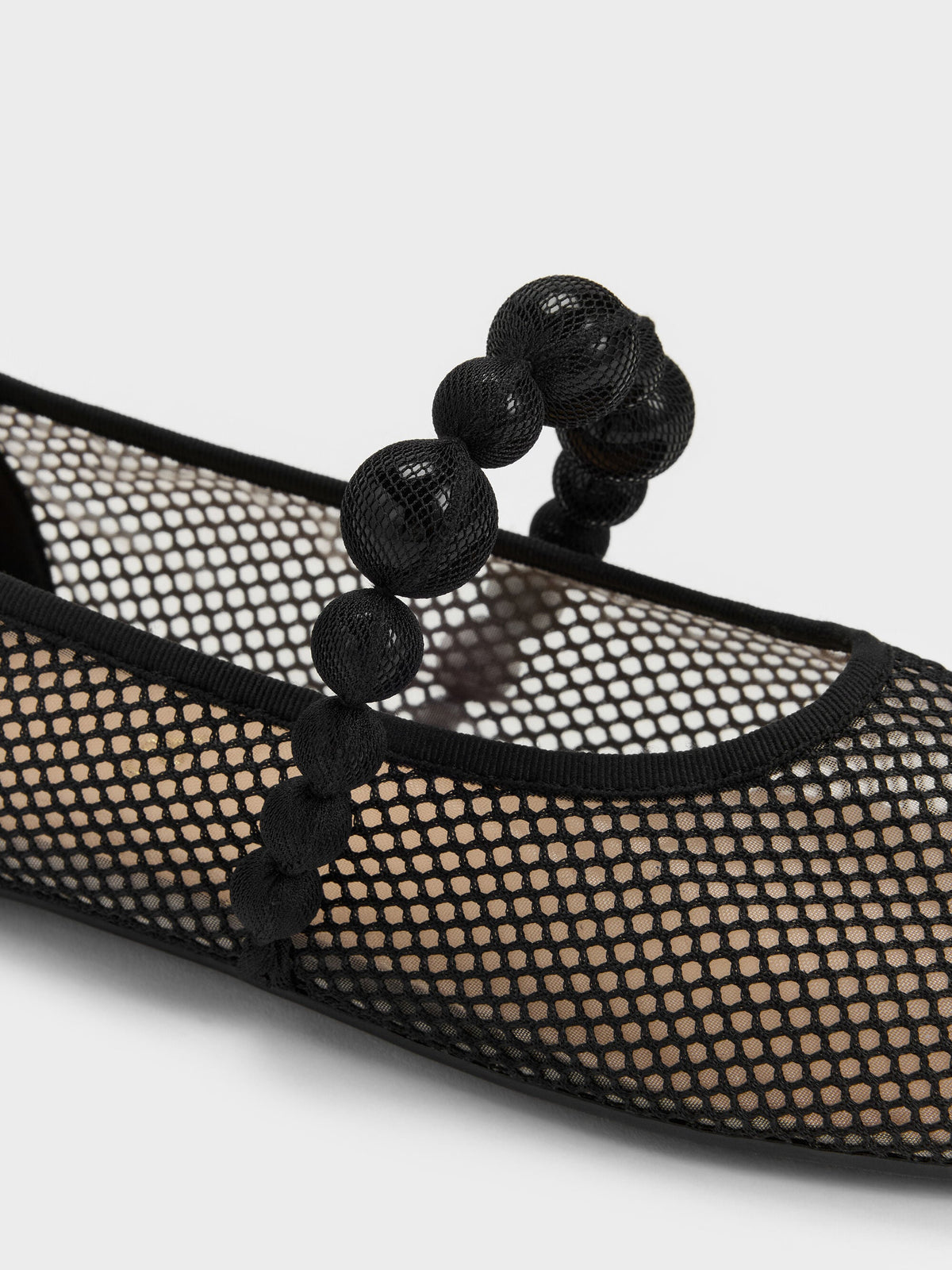 Leather Mesh Beaded Mary Jane Flats - Black Textured | CHARLES & KEITH