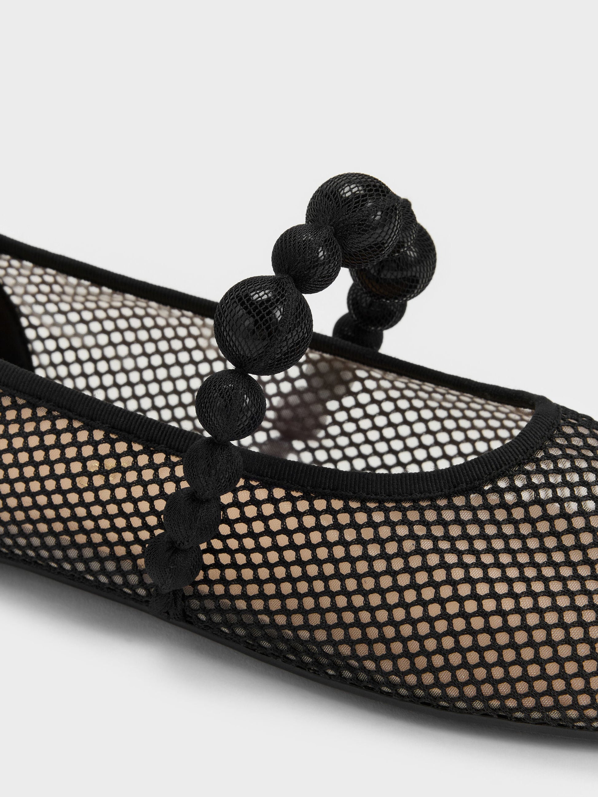 Leather Mesh Beaded Mary Jane Flats - Black Textured | CHARLES & KEITH