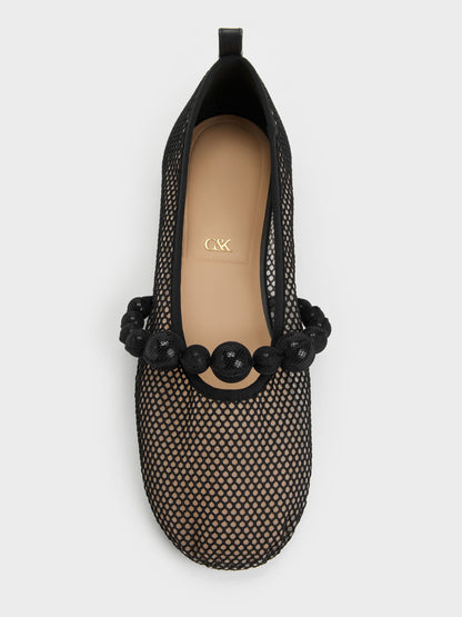 Leather Mesh Beaded Mary Jane Flats - Black Textured | CHARLES & KEITH
