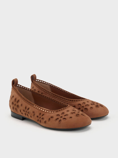 Leather Embroidered Ballet Flats - Cognac | CHARLES & KEITH