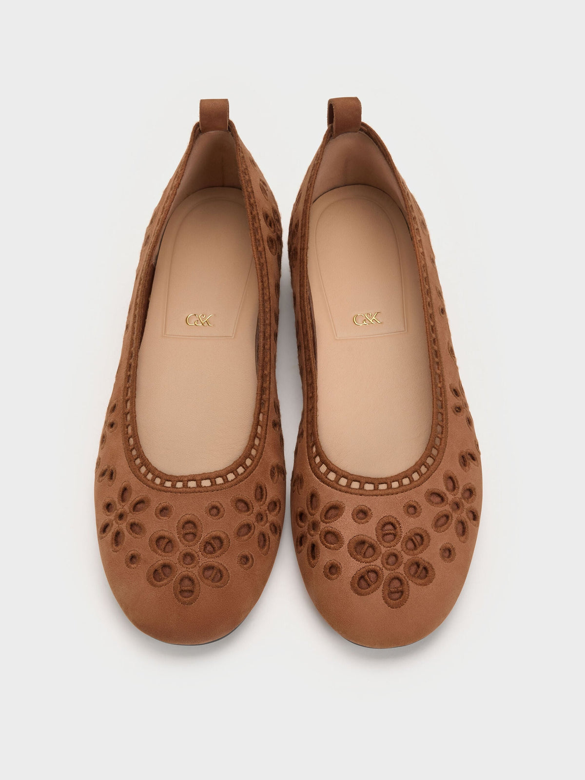 Leather Embroidered Ballet Flats - Cognac | CHARLES & KEITH