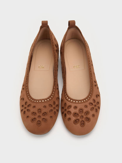 Leather Embroidered Ballet Flats - Cognac | CHARLES & KEITH