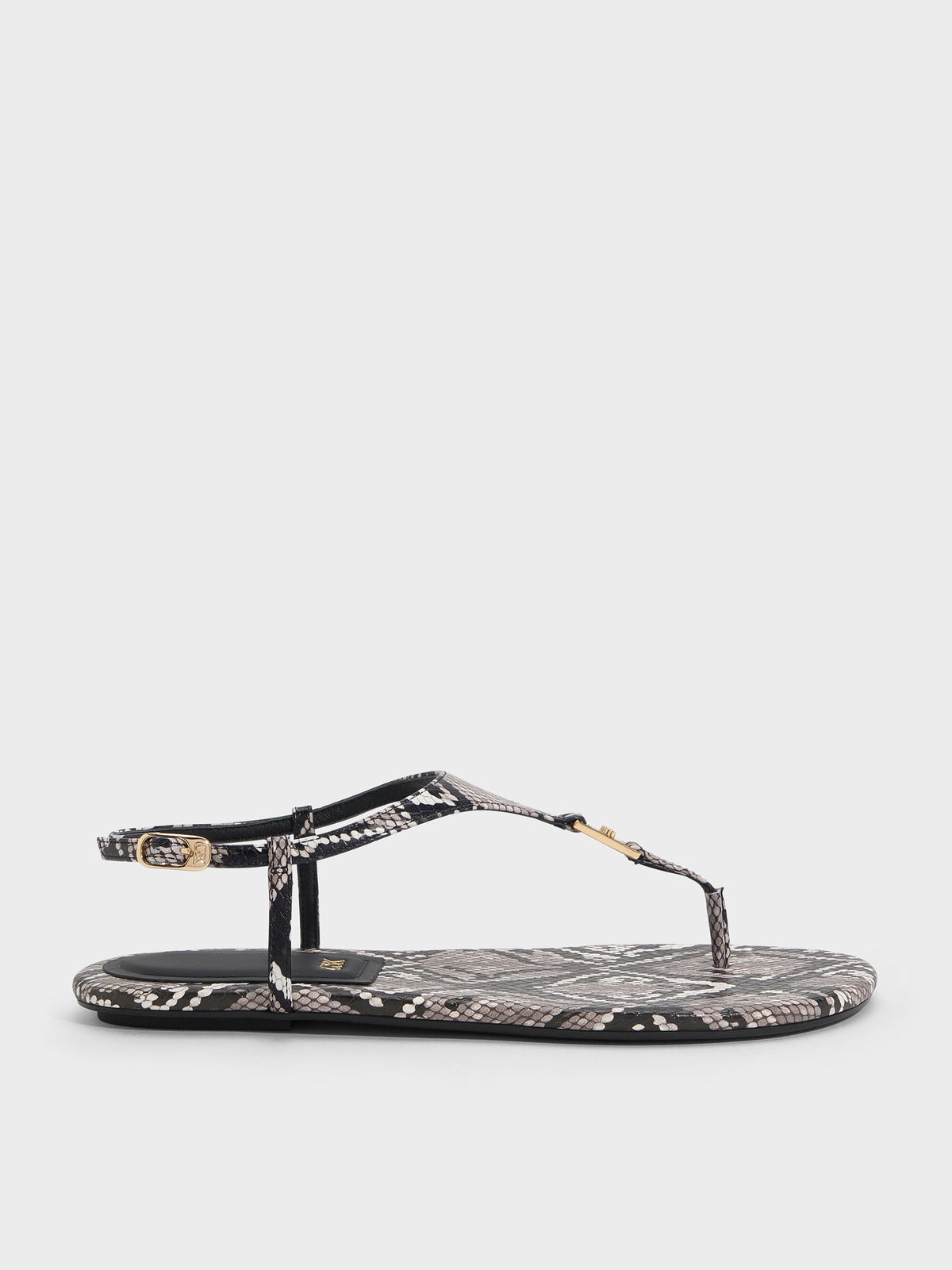 Leather Snake-Print T-Bar Thong Sandals - Animal Print Grey | CHARLES & KEITH