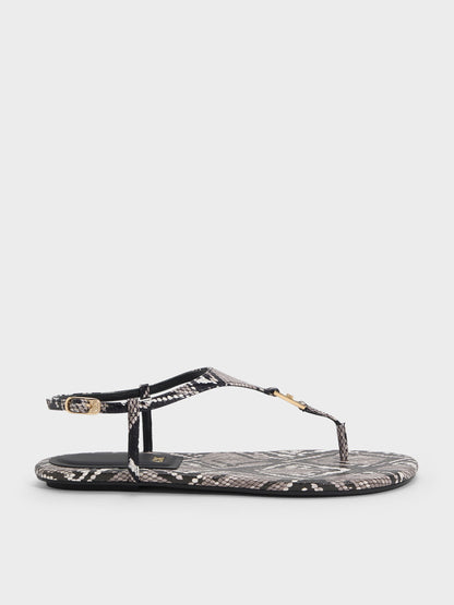 Leather Snake-Print T-Bar Thong Sandals - Animal Print Grey | CHARLES & KEITH