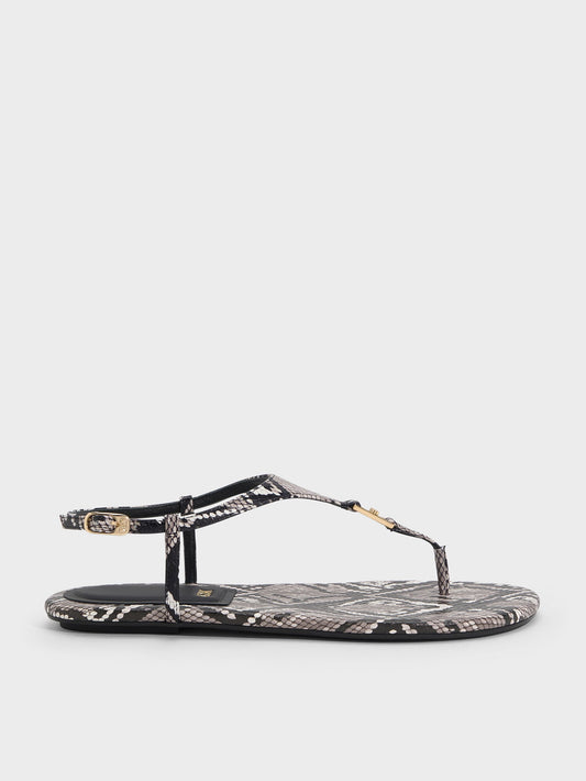 Leather Snake-Print T-Bar Thong Sandals - Animal Print Grey | CHARLES & KEITH