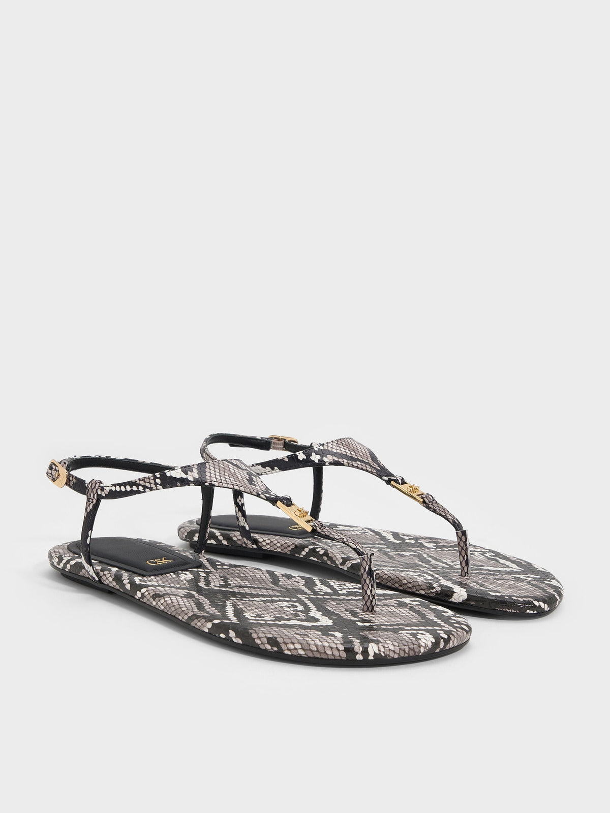Leather Snake-Print T-Bar Thong Sandals - Animal Print Grey | CHARLES & KEITH