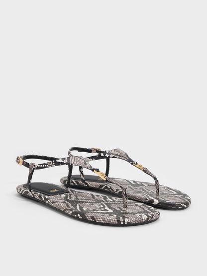 Leather Snake-Print T-Bar Thong Sandals - Animal Print Grey | CHARLES & KEITH