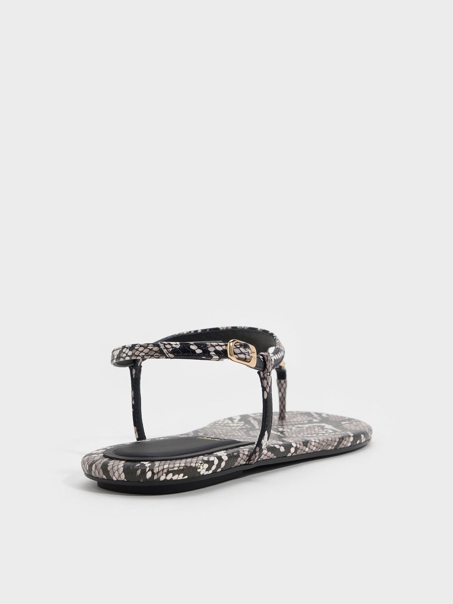 Leather Snake-Print T-Bar Thong Sandals - Animal Print Grey | CHARLES & KEITH