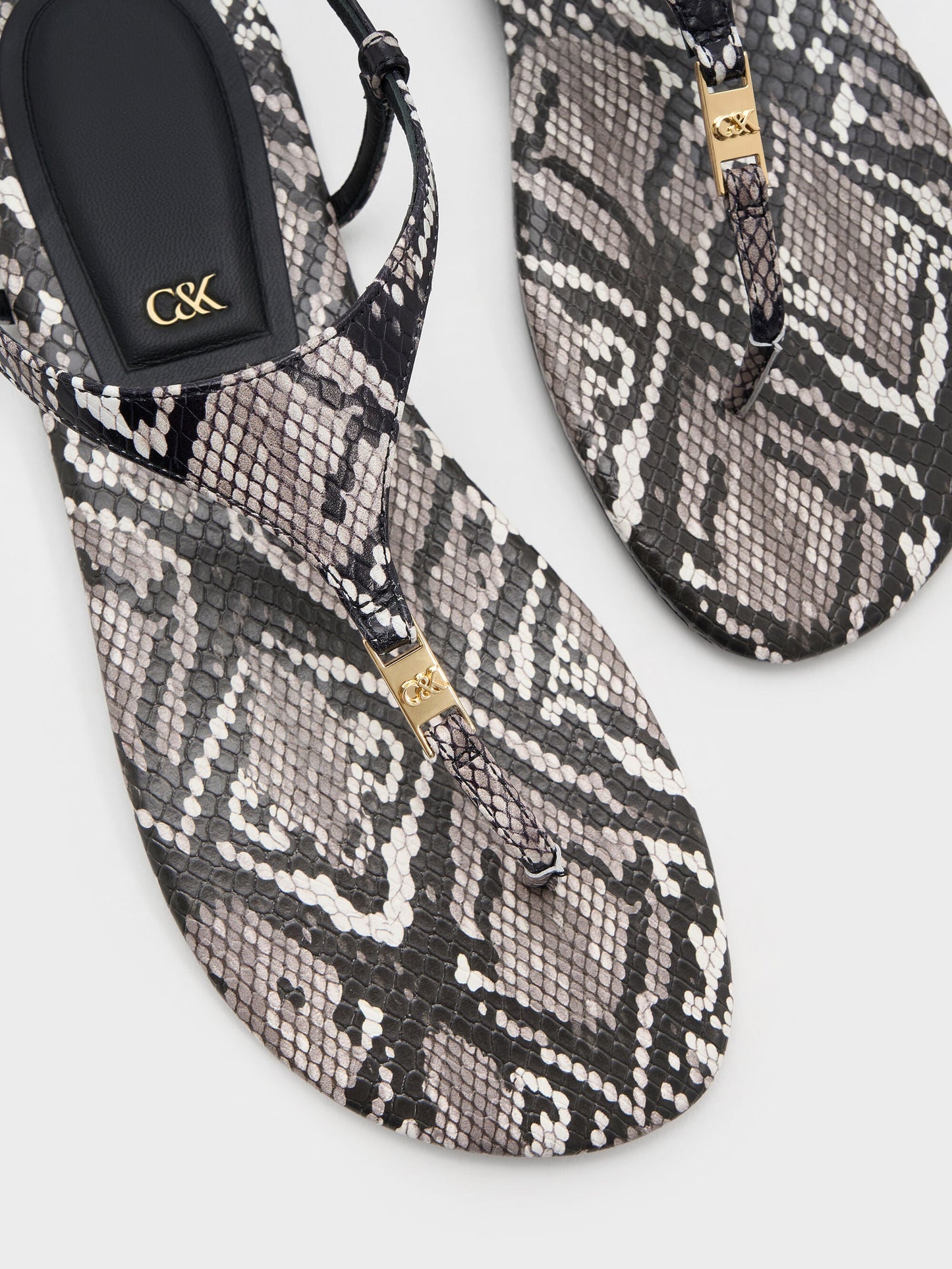 Leather Snake-Print T-Bar Thong Sandals - Animal Print Grey | CHARLES & KEITH