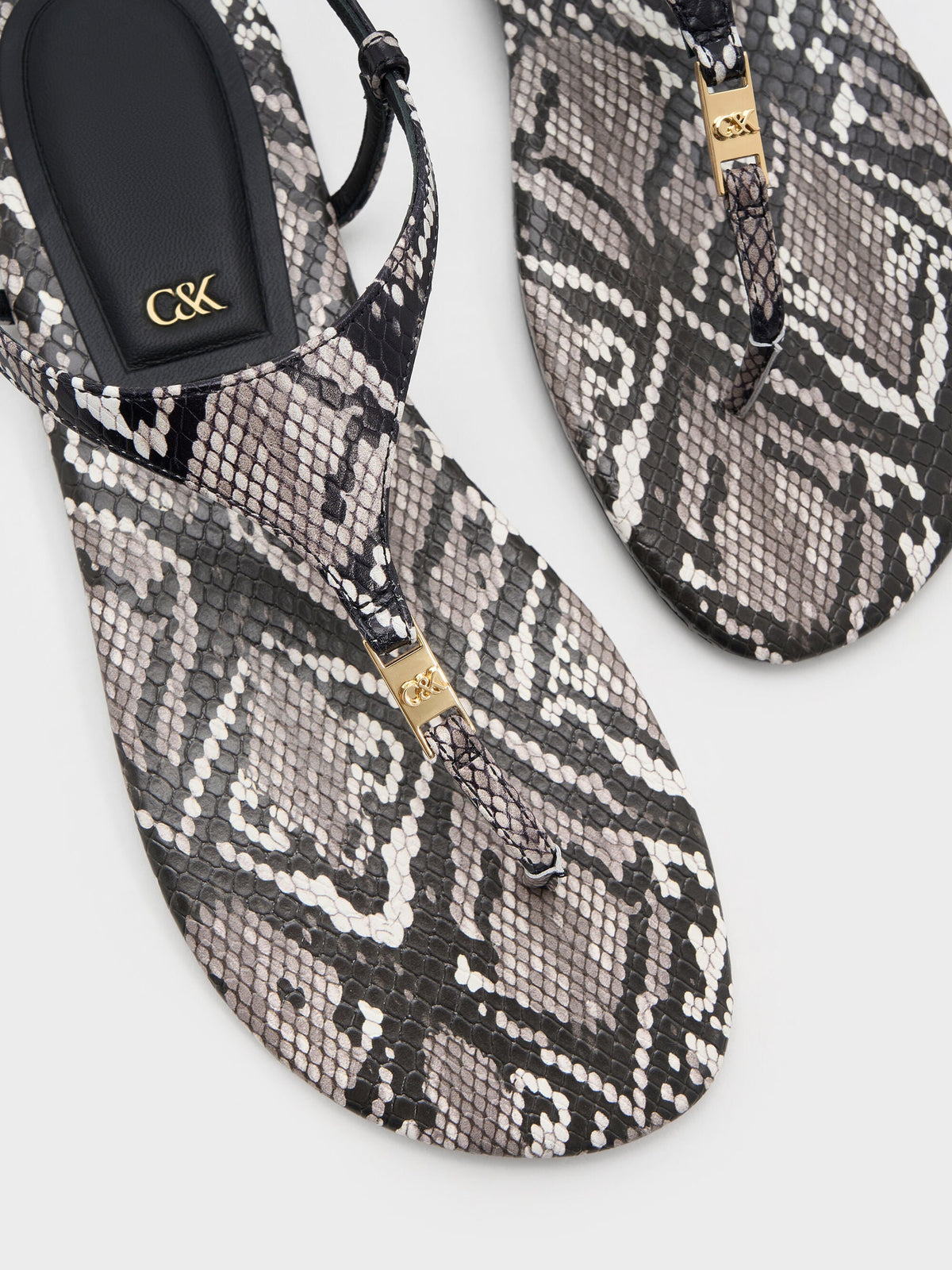 Leather Snake-Print T-Bar Thong Sandals - Animal Print Grey | CHARLES & KEITH
