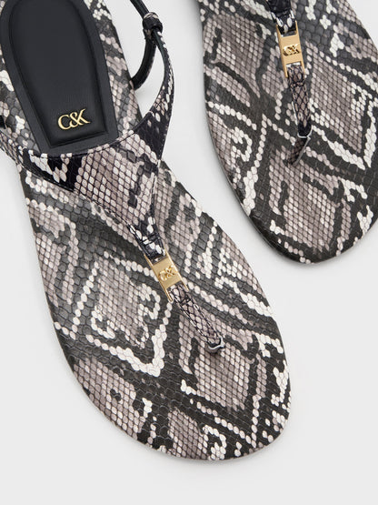 Leather Snake-Print T-Bar Thong Sandals - Animal Print Grey | CHARLES & KEITH