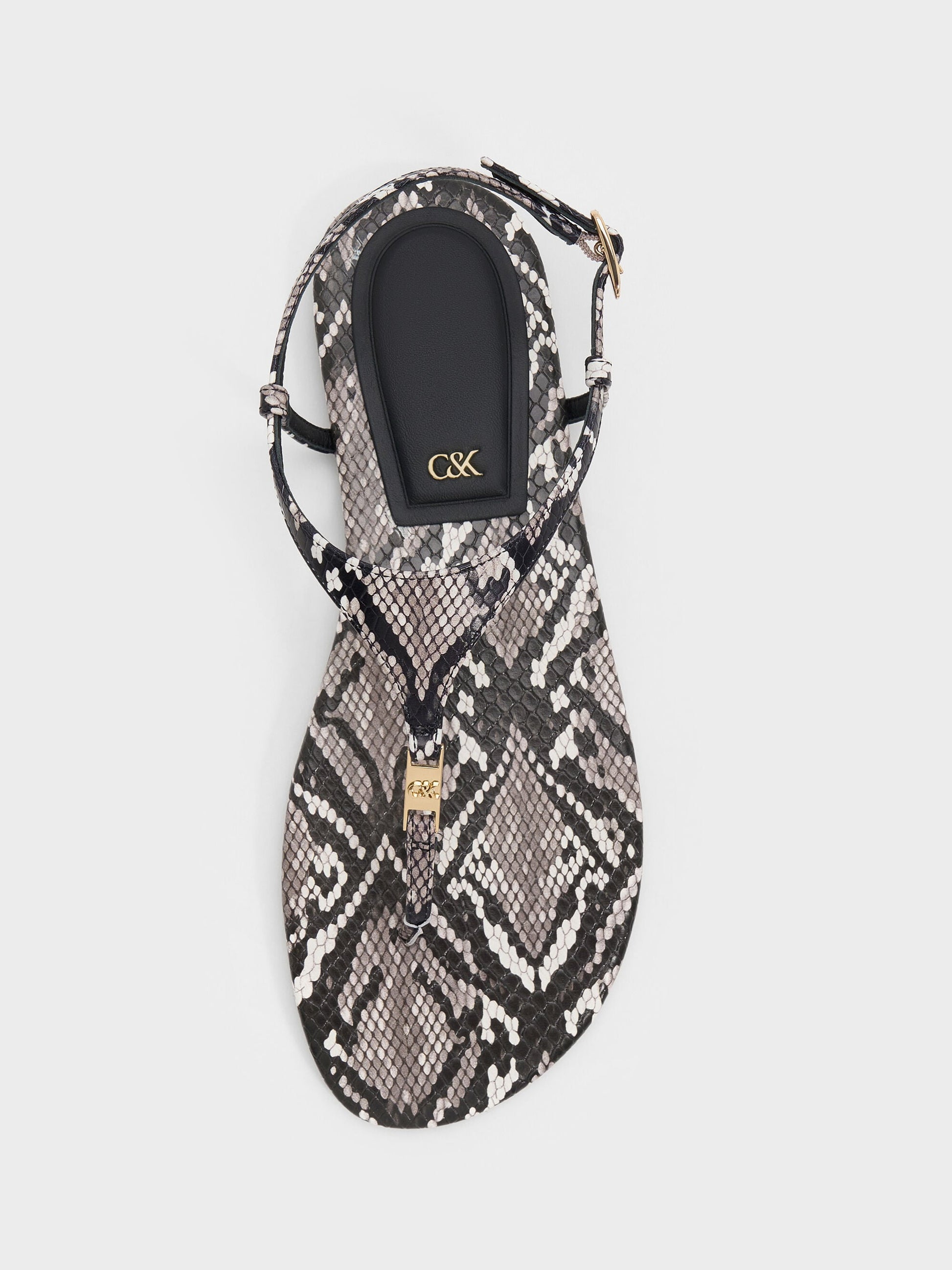 Leather Snake-Print T-Bar Thong Sandals - Animal Print Grey | CHARLES & KEITH