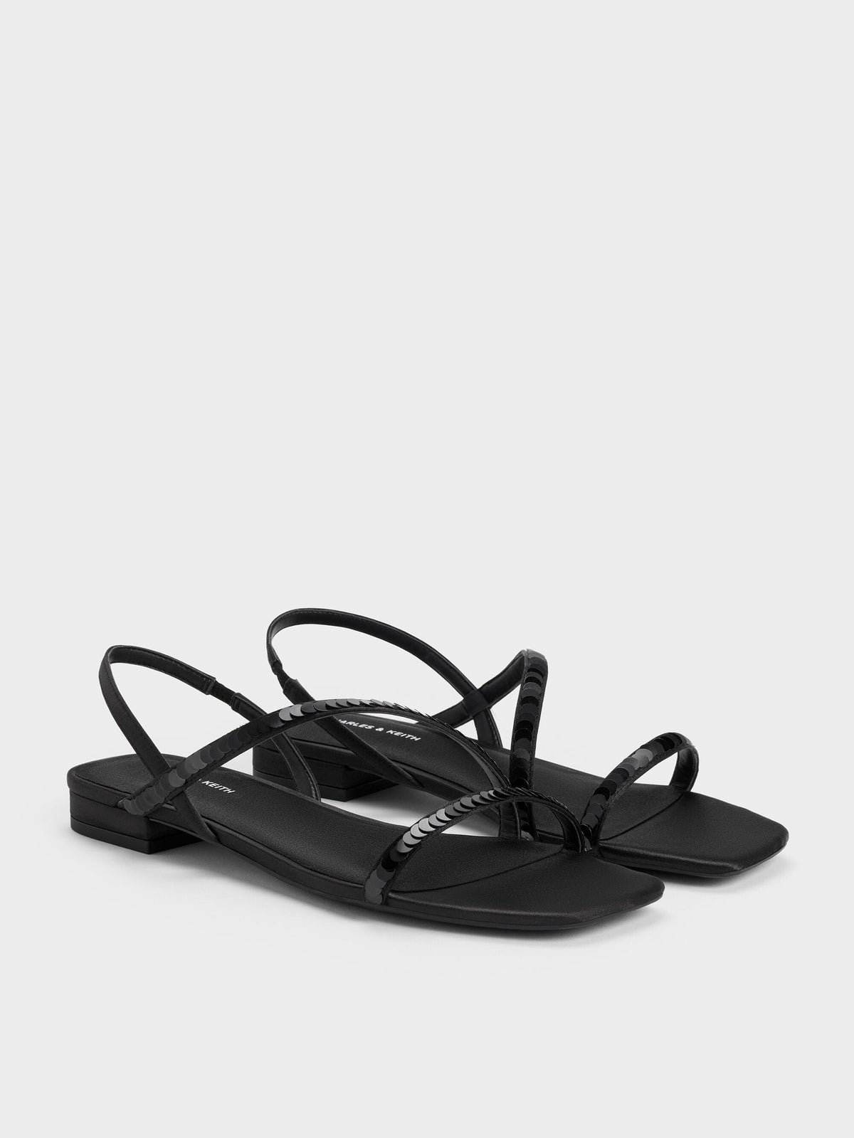 Briella Sequinned Strappy Sandals - Black Textured | CHARLES & KEITH